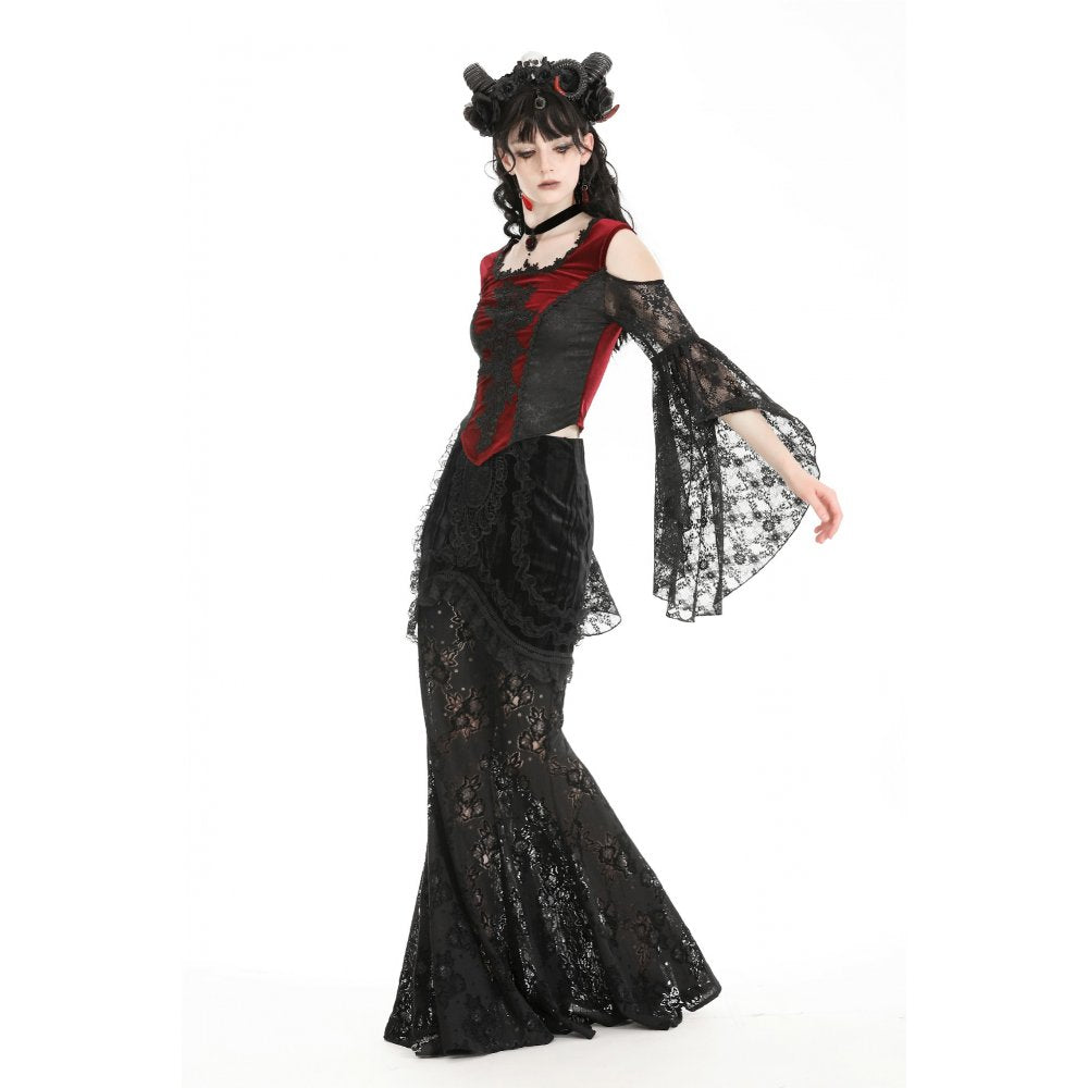 Dark in Love Delancy Gothic Black and Red Velvet Cold Shoulder Top