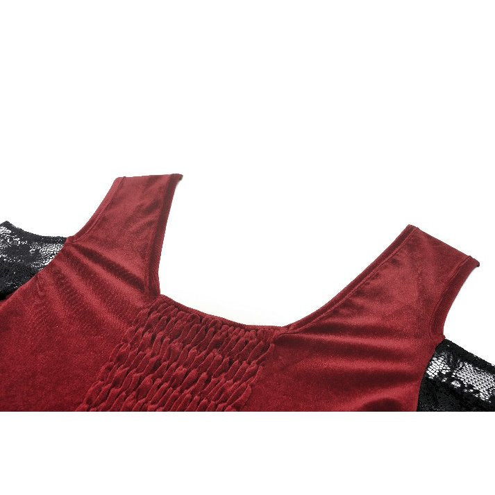 Dark in Love Delancy Gothic Black and Red Velvet Cold Shoulder Top