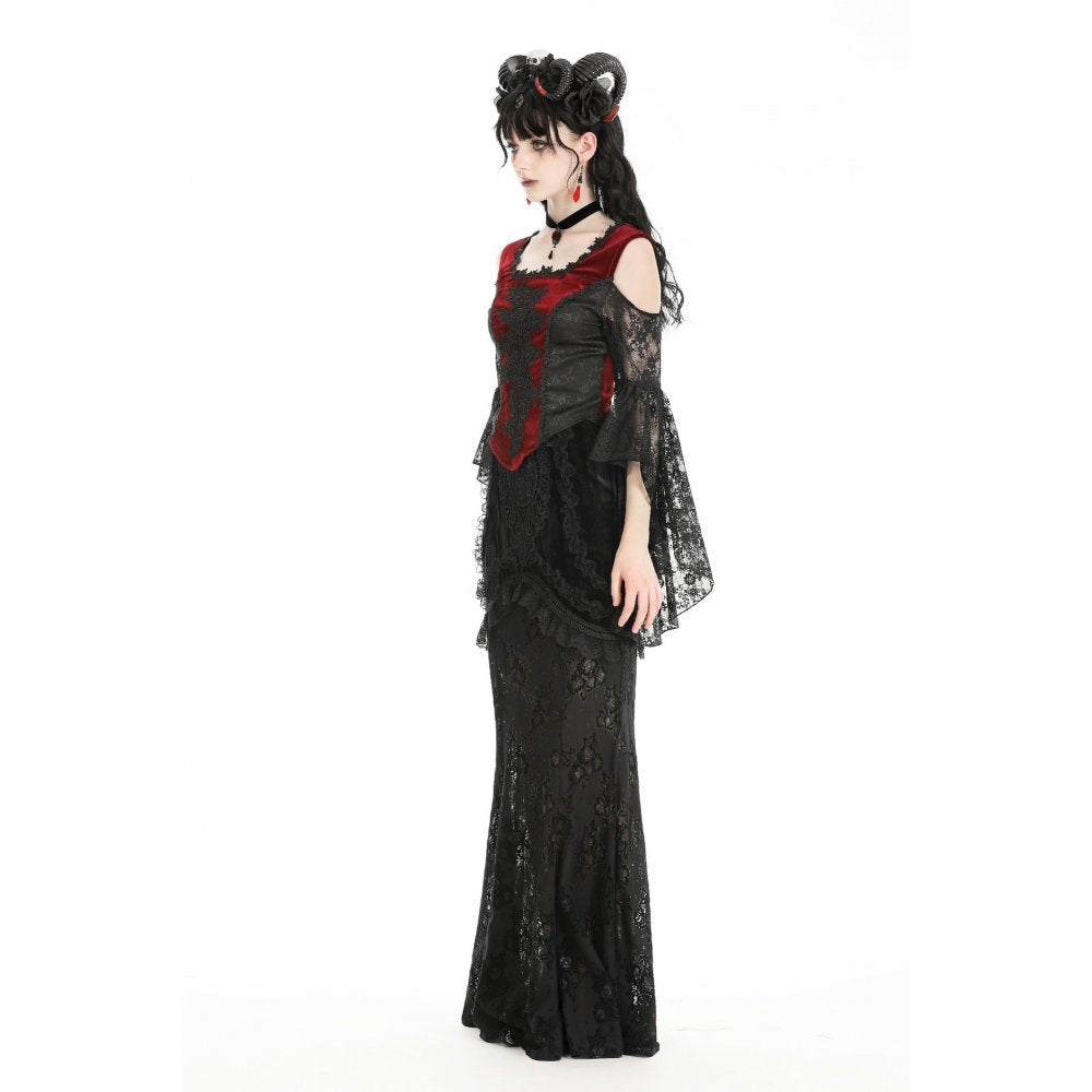 Dark in Love Delancy Gothic Black and Red Velvet Cold Shoulder Top