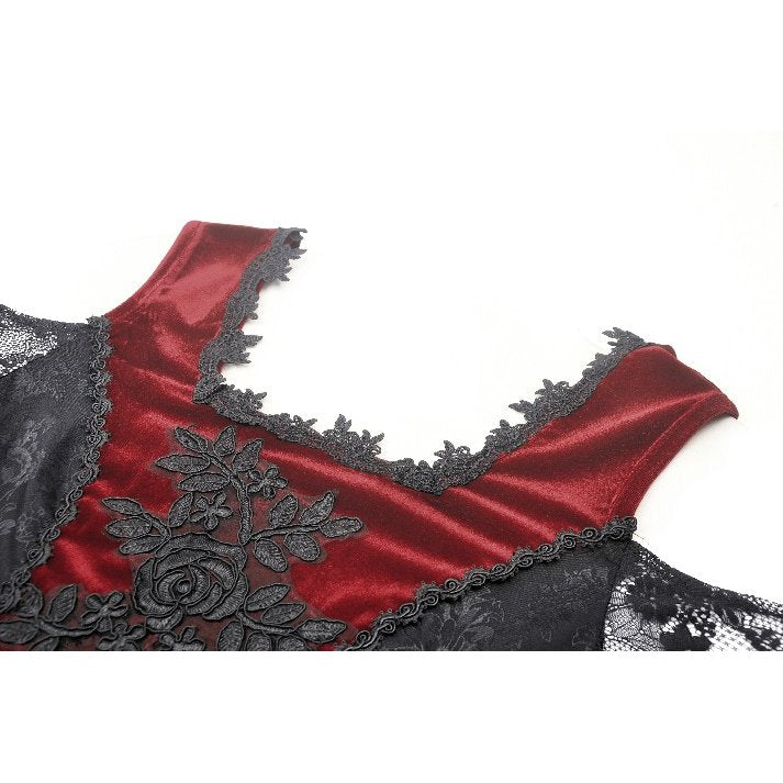 Dark in Love Delancy Gothic Black and Red Velvet Cold Shoulder Top