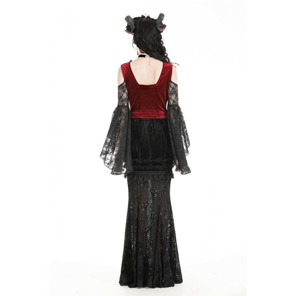 Dark in Love Delancy Gothic Black and Red Velvet Cold Shoulder Top