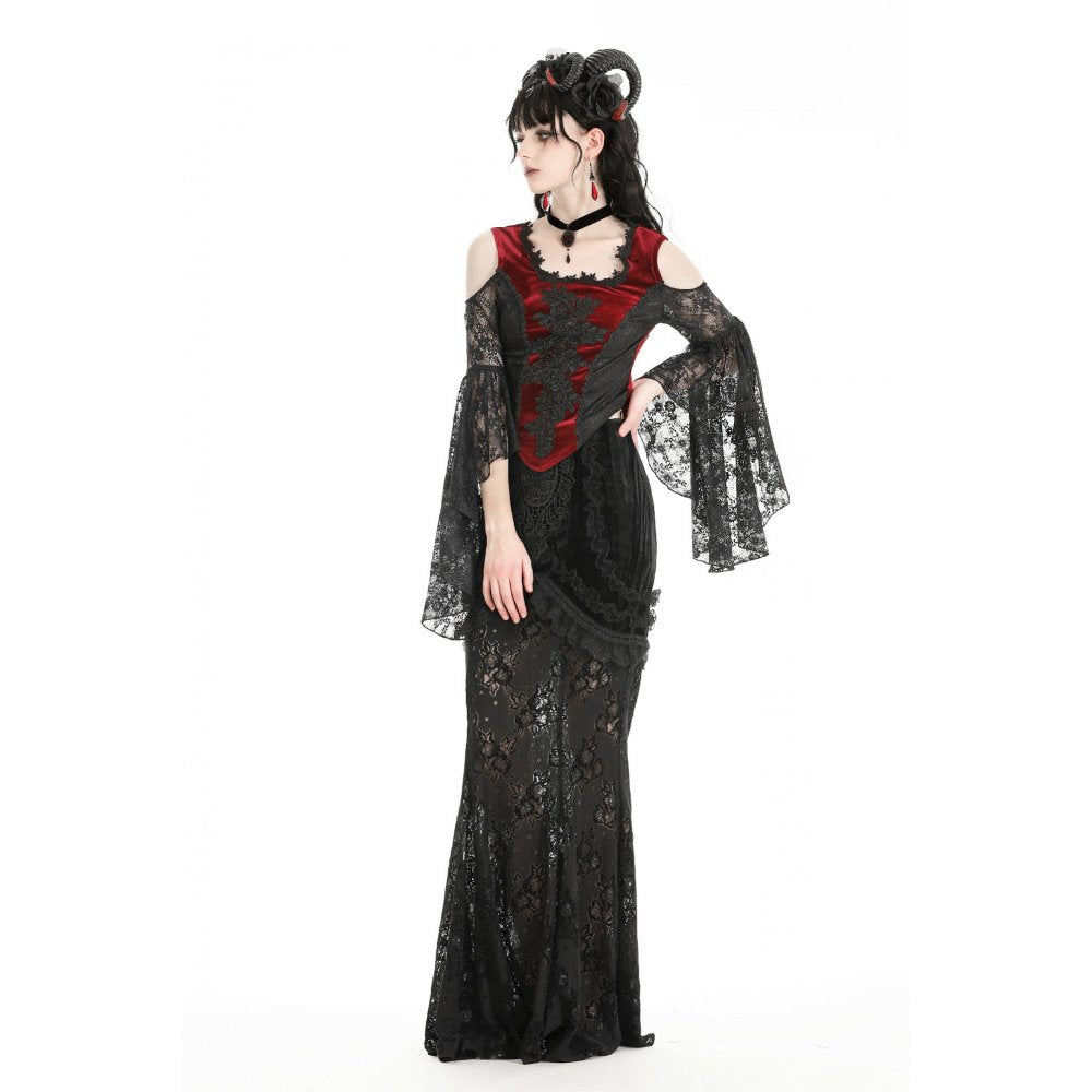 Dark in Love Delancy Gothic Black and Red Velvet Cold Shoulder Top