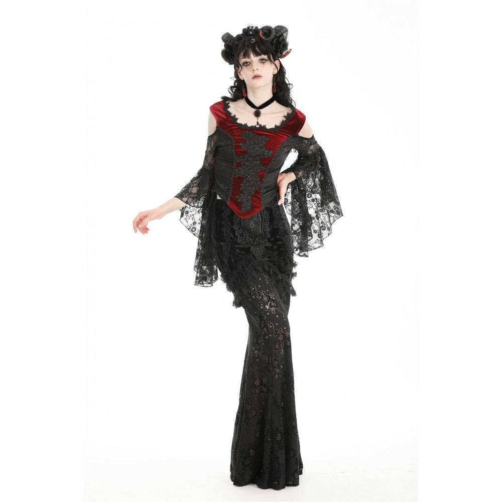 Dark in Love Delancy Gothic Black and Red Velvet Cold Shoulder Top