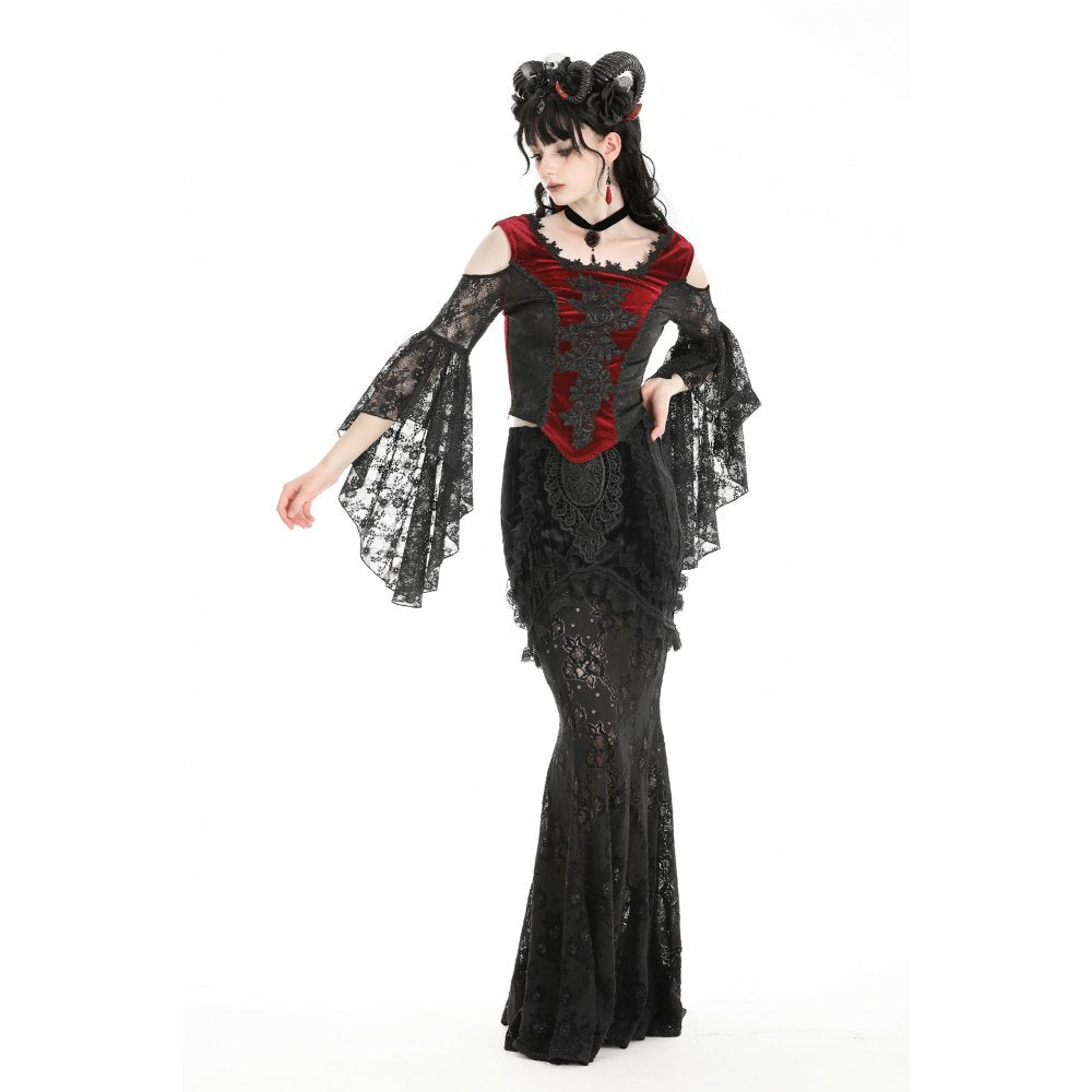 Dark in Love Delancy Gothic Black and Red Velvet Cold Shoulder Top