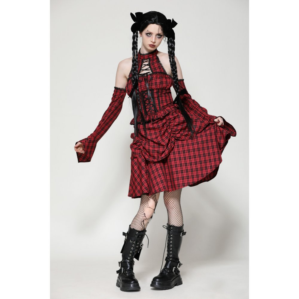 Dark in Love Rosalind Black and Red Tartan Cold Shoulder Halterneck Dress