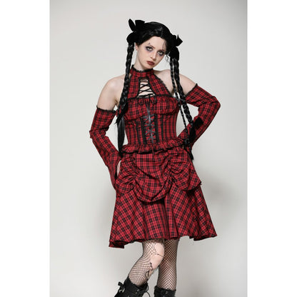 Dark in Love Rosalind Black and Red Tartan Cold Shoulder Halterneck Dress