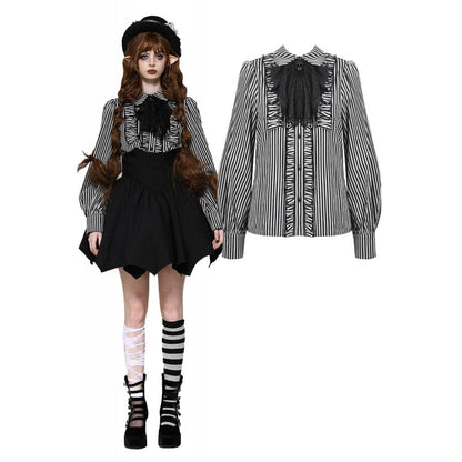 Dark in Love Elsbeth Gothic Lolita Striped Blouse with Skull Pendant Collar