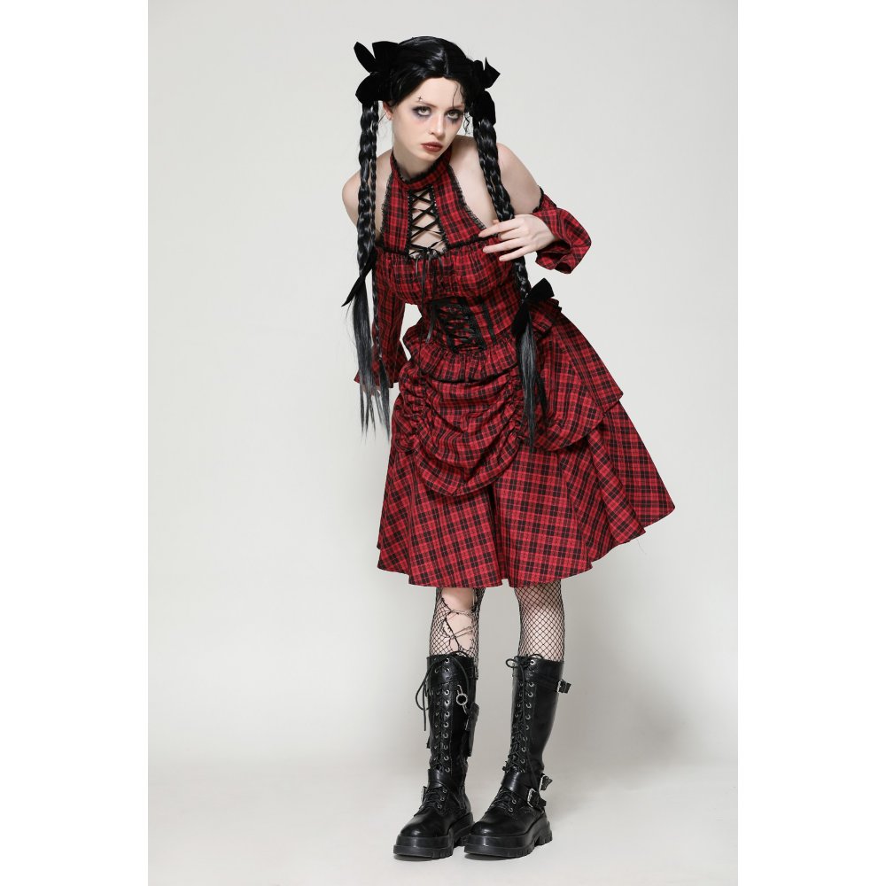 Dark in Love Rosalind Black and Red Tartan Cold Shoulder Halterneck Dress