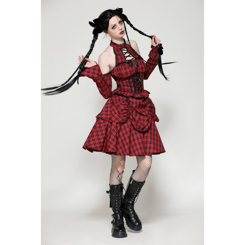 Dark in Love Rosalind Black and Red Tartan Cold Shoulder Halterneck Dress