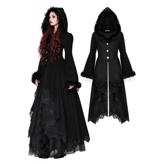 Dark in Love Eira Lace and Faux Fur Trimmed Hooded Coat