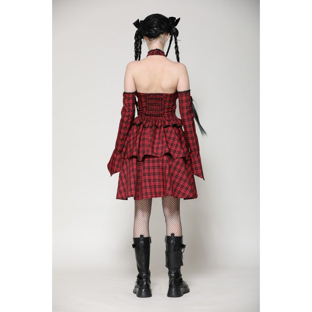 Dark in Love Rosalind Black and Red Tartan Cold Shoulder Halterneck Dress