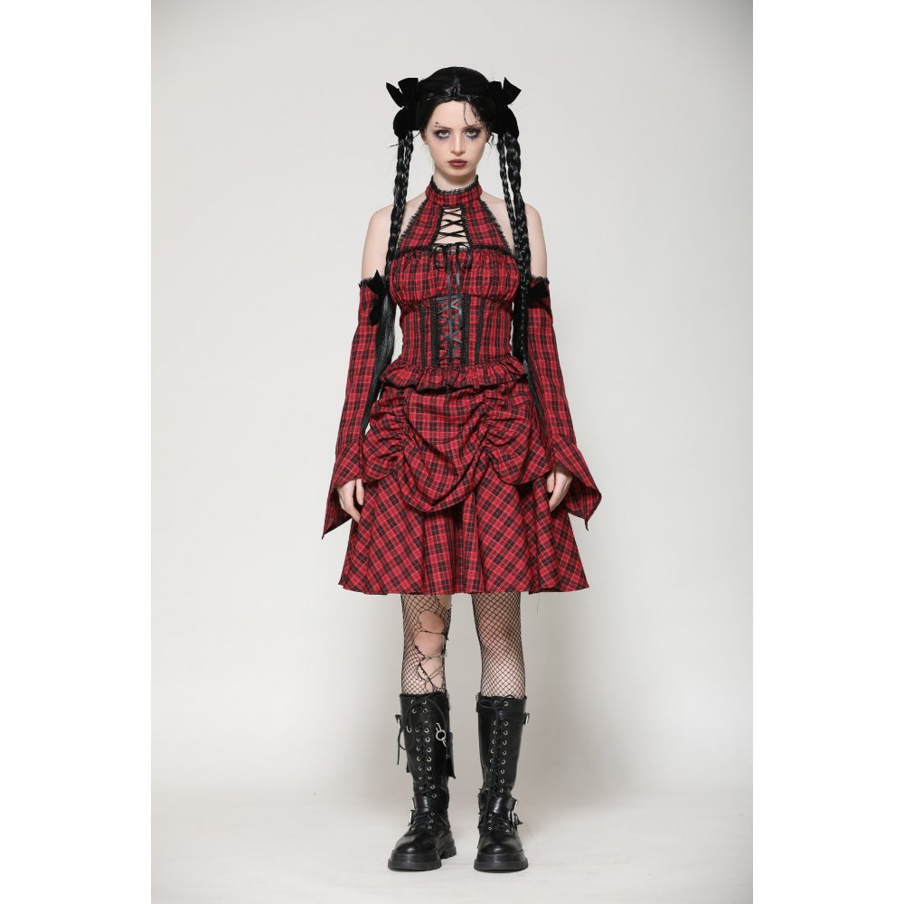 Dark in Love Rosalind Black and Red Tartan Cold Shoulder Halterneck Dress