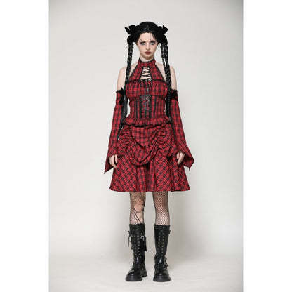 Dark in Love Rosalind Black and Red Tartan Cold Shoulder Halterneck Dress