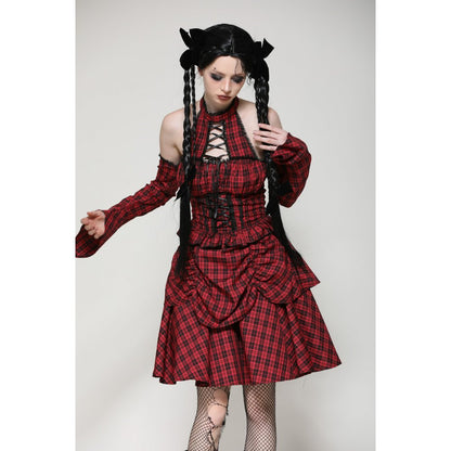 Dark in Love Rosalind Black and Red Tartan Cold Shoulder Halterneck Dress