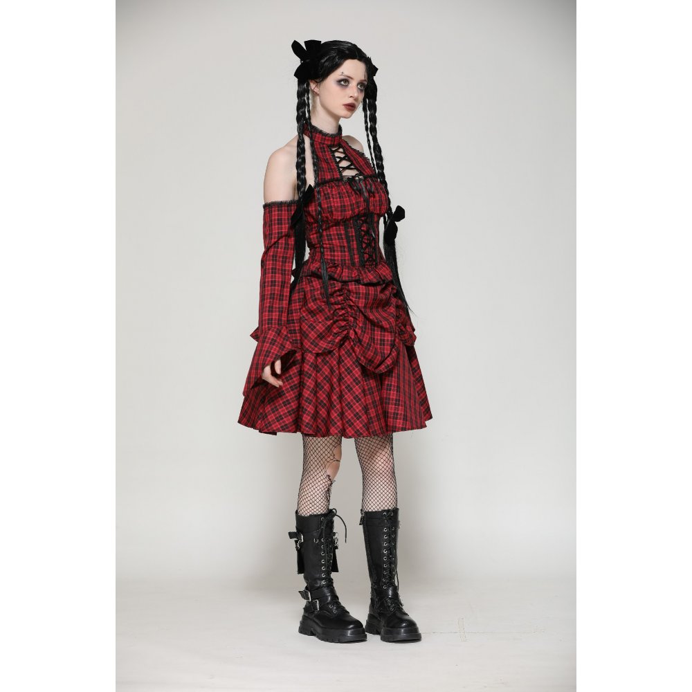 Dark in Love Rosalind Black and Red Tartan Cold Shoulder Halterneck Dress