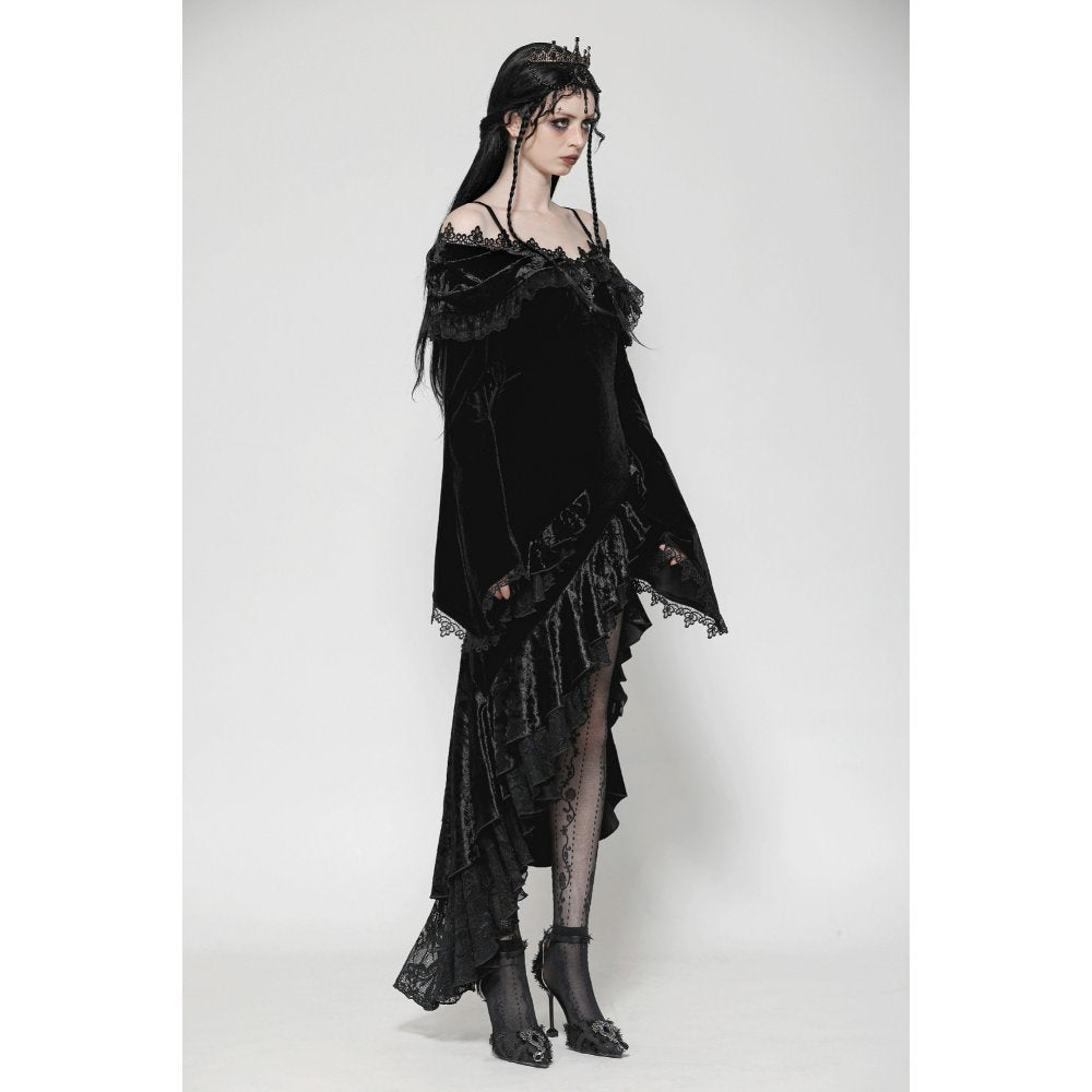 Dark in Love Kaia Velvet Ruffle Off-Shoulder Gothic Mermaid Dress on a model side view
