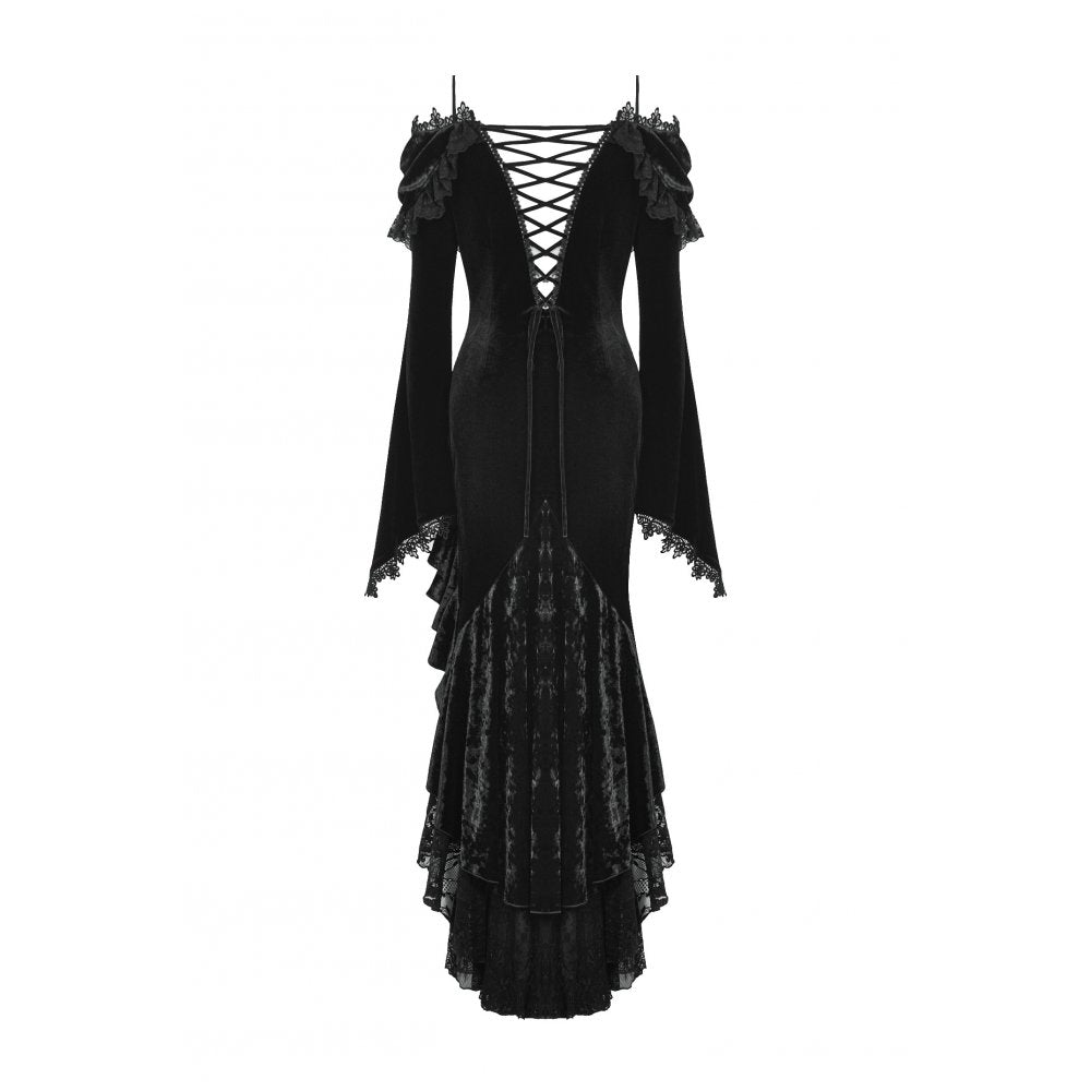 Dark in Love Kaia Velvet Ruffle Off-Shoulder Gothic Mermaid Dress back view