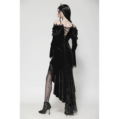 Dark in Love Kaia Velvet Ruffle Off-Shoulder Gothic Mermaid Dress back view on a model