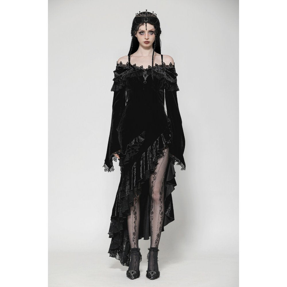 Dark in Love Kaia Velvet Ruffle Off-Shoulder Gothic Mermaid Dress front view on an alternative model