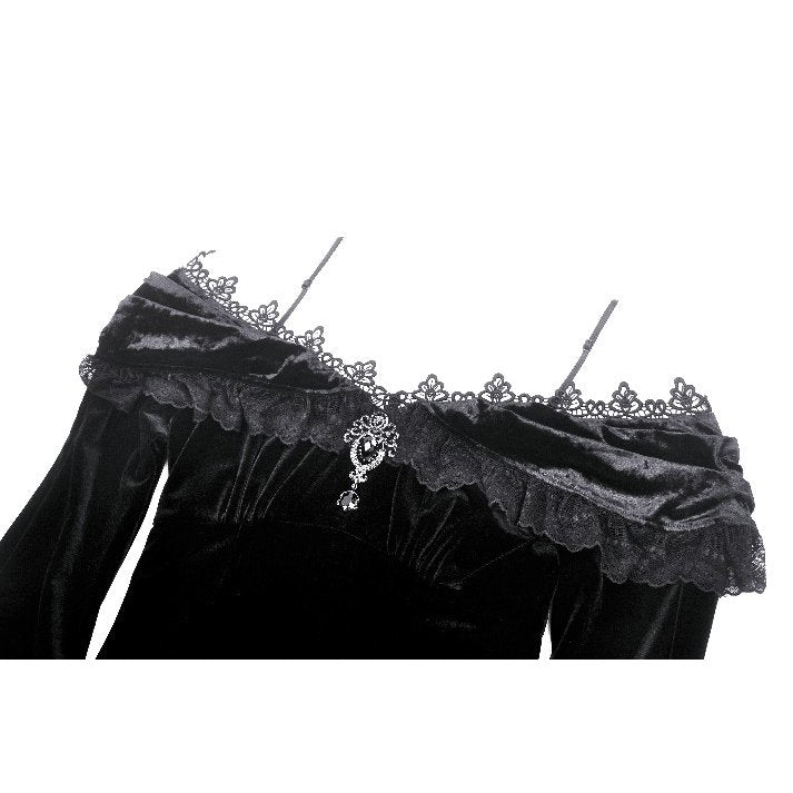 Dark in Love Kaia Velvet Ruffle Off-Shoulder Gothic Mermaid Dress closeup of the neckline showing the lace trim and pendant