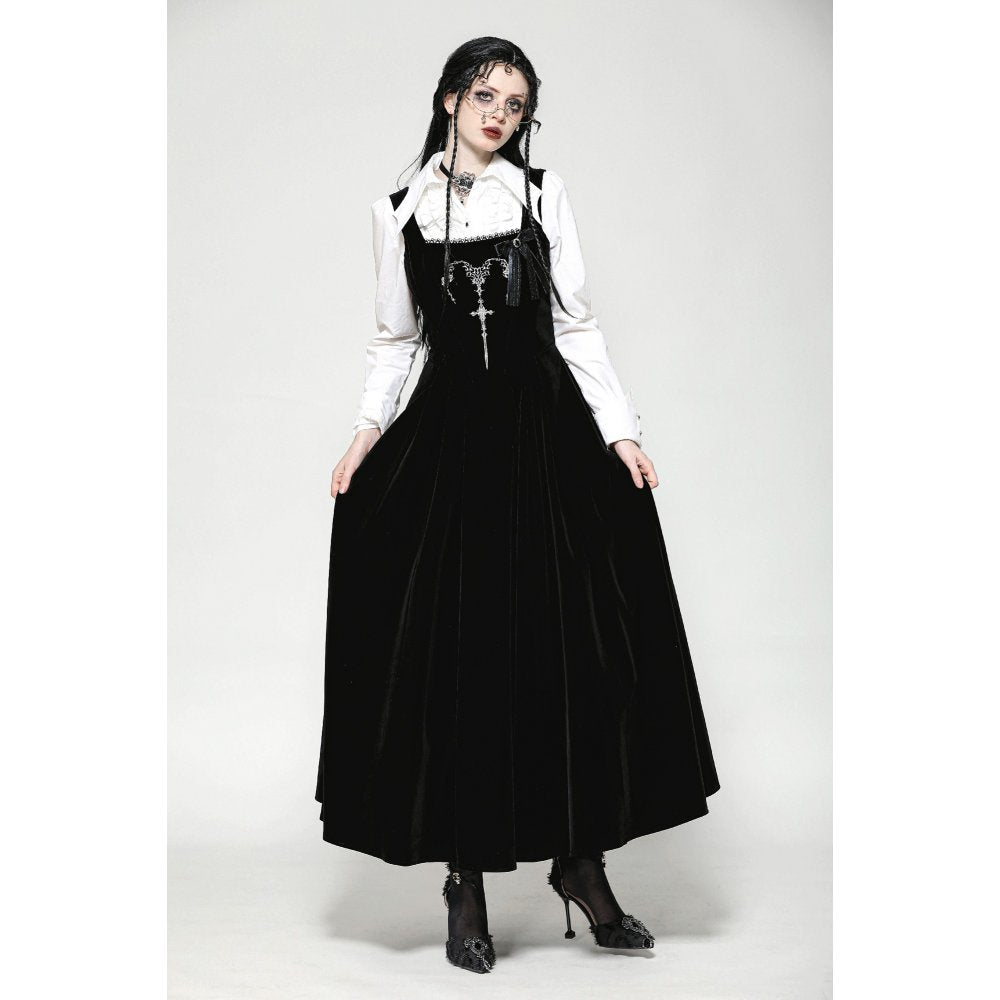 Dark in Love Lux Black Velvet Horn Embroidery Maxi Dress on a model showing the skirt flare