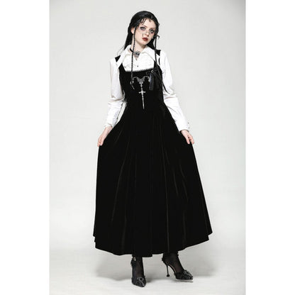 Dark in Love Lux Black Velvet Horn Embroidery Maxi Dress on a model showing the skirt flare