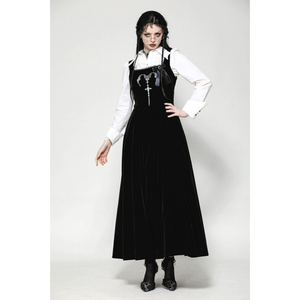 Dark in Love Lux Black Velvet Horn Embroidery Maxi Dress on a model styled with a white shirt