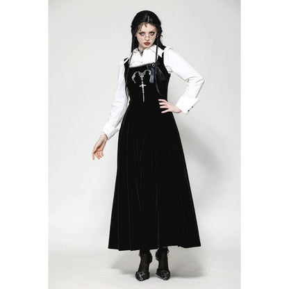 Dark in Love Lux Black Velvet Horn Embroidery Maxi Dress on a model styled with a white shirt