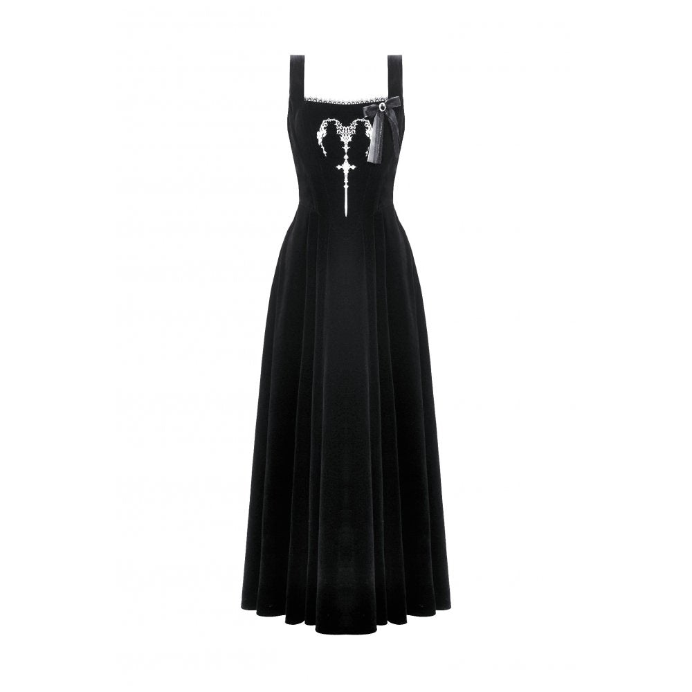 Dark in Love Lux Black Velvet Horn Embroidery Maxi Dress front view