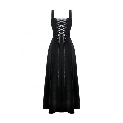 Dark in Love Lux Black Velvet Horn Embroidery Maxi Dress back view showing the satin ribbon lace up