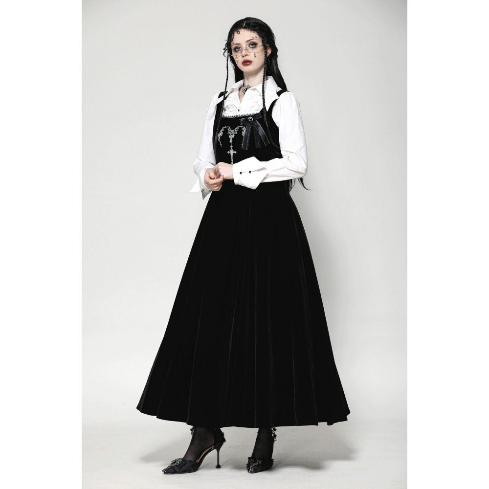 Dark in Love Lux Black Velvet Horn Embroidery Maxi Dress styled over a white shirt