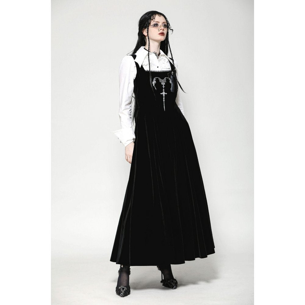 Dark in Love Lux Black Velvet Horn Embroidery Maxi Dress styled over a white goth shirt on an alternative model