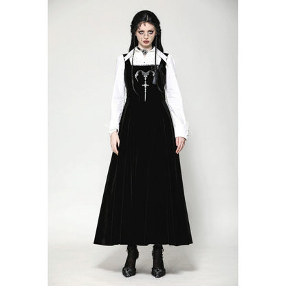 Dark in Love Lux Black Velvet Horn Embroidery Maxi Dress front view on an alternative model