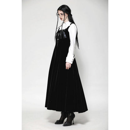 Dark in Love Lux Black Velvet Horn Embroidery Maxi Dress side view on a model