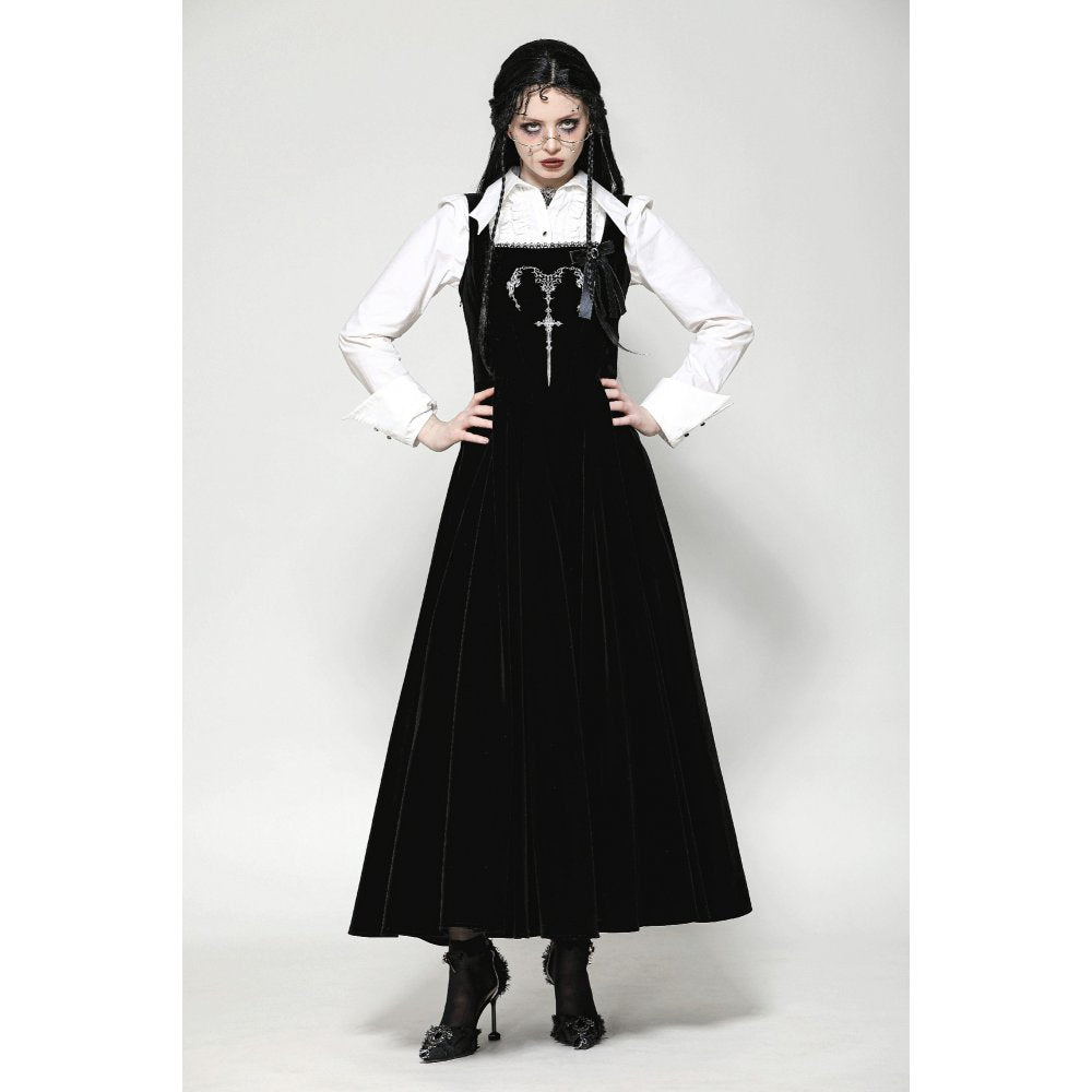 Dark in Love Lux Black Velvet Horn Embroidery Maxi Dress on a model with her hands on her hips