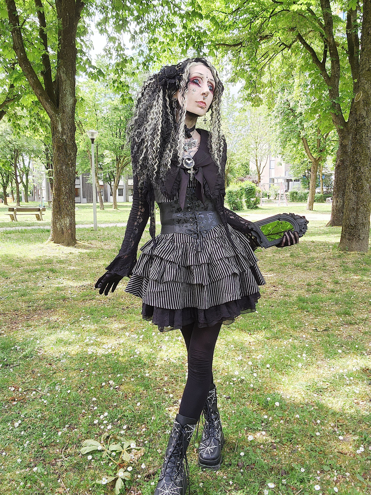 Valentinescorpse Dark in Love Vintage Striped Ruffle Tier Dress in a park