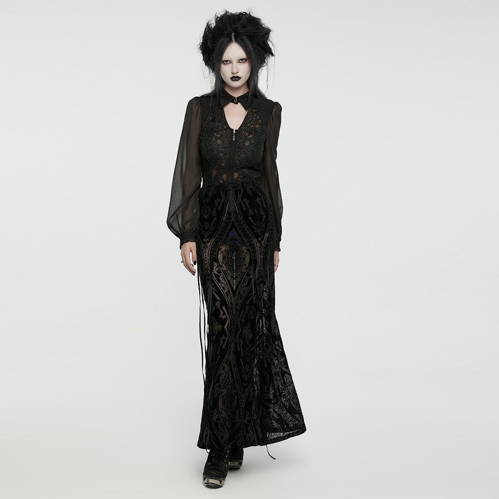 Punk Rave Konstantina Burnout Velvet Maxi Skirt with Velvet Ribbon Lacing