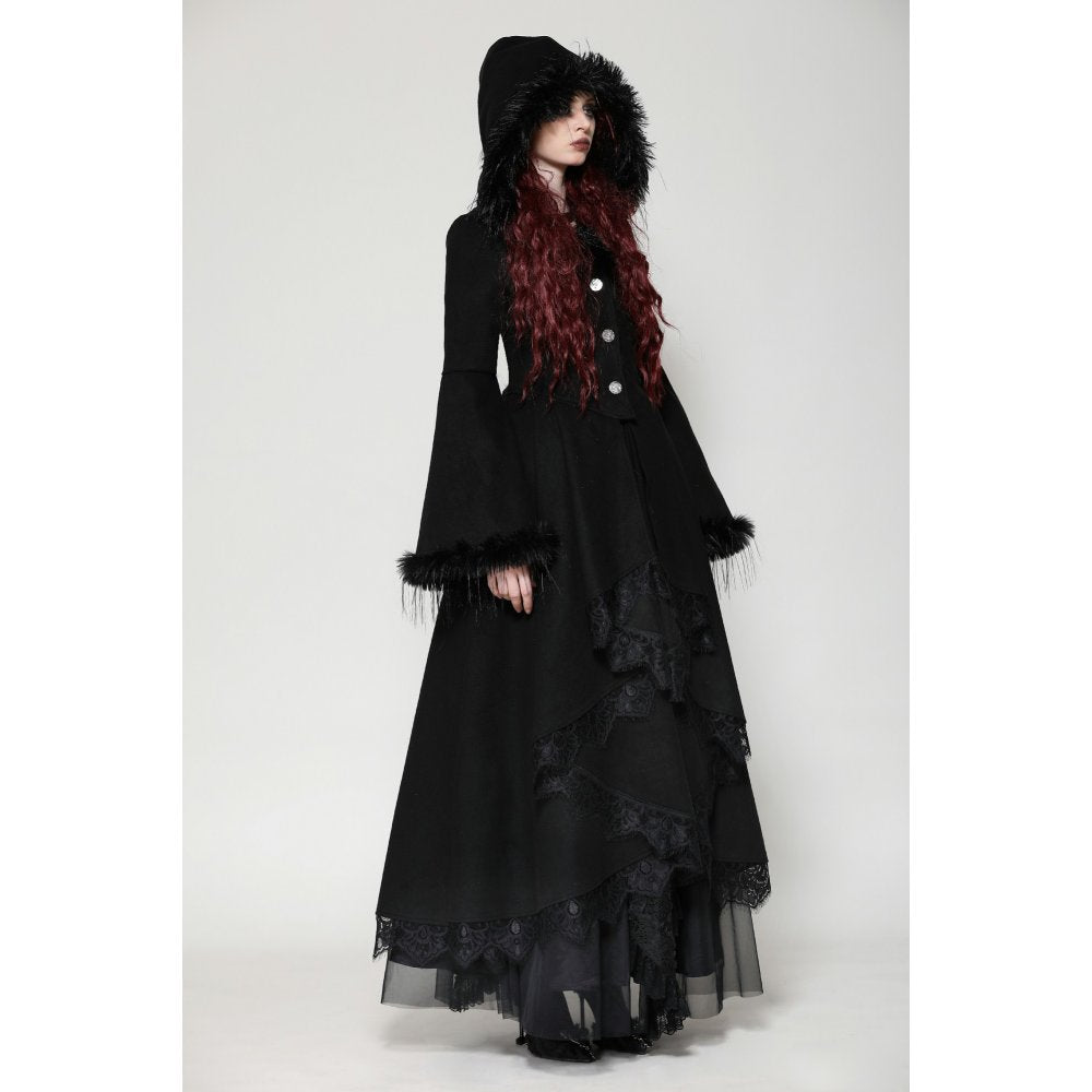 Dark in Love Eira Lace and Faux Fur Trimmed Hooded Coat