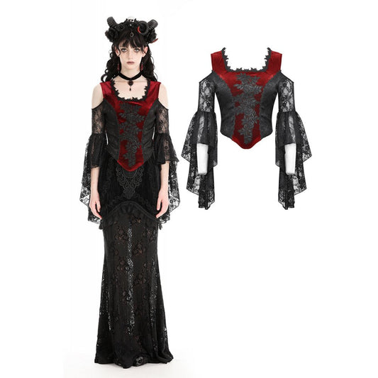 Dark in Love Delancy Gothic Black and Red Velvet Cold Shoulder Top