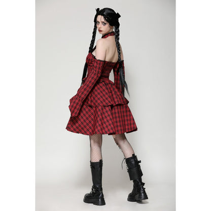 Dark in Love Rosalind Black and Red Tartan Cold Shoulder Halterneck Dress