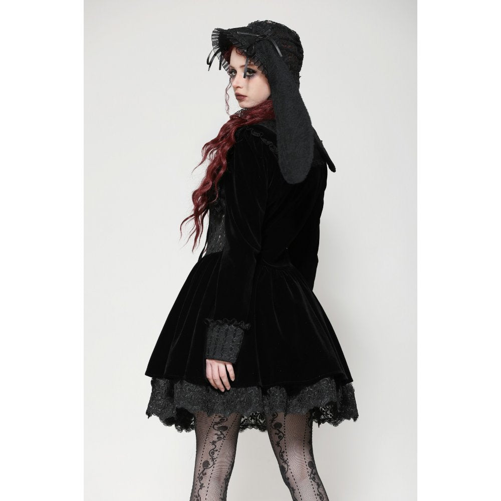 Dark in Love Elowen Black Gothic Lolita Rabbit Ear Bonnet in Rose Lace